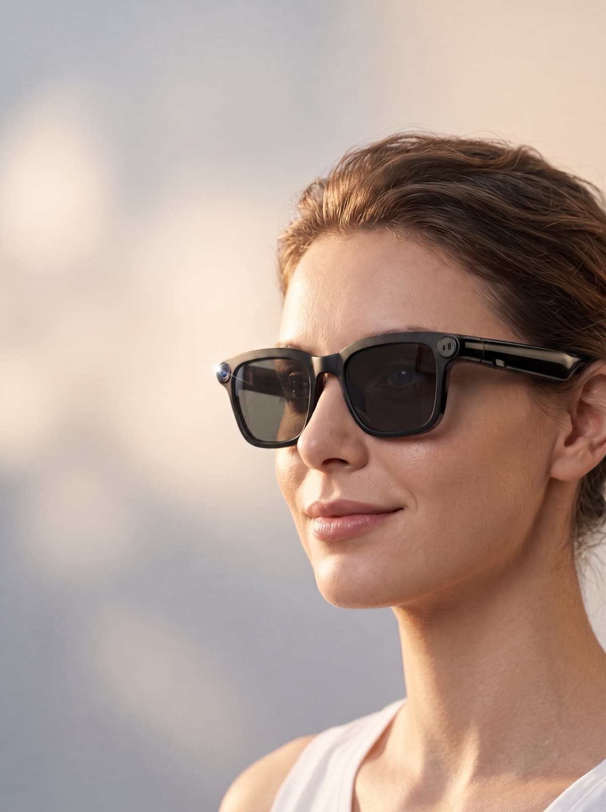 A woman wearing OXIVUE M08 AI smart glasses in warm golden-hour light — the temple camera catching the sun