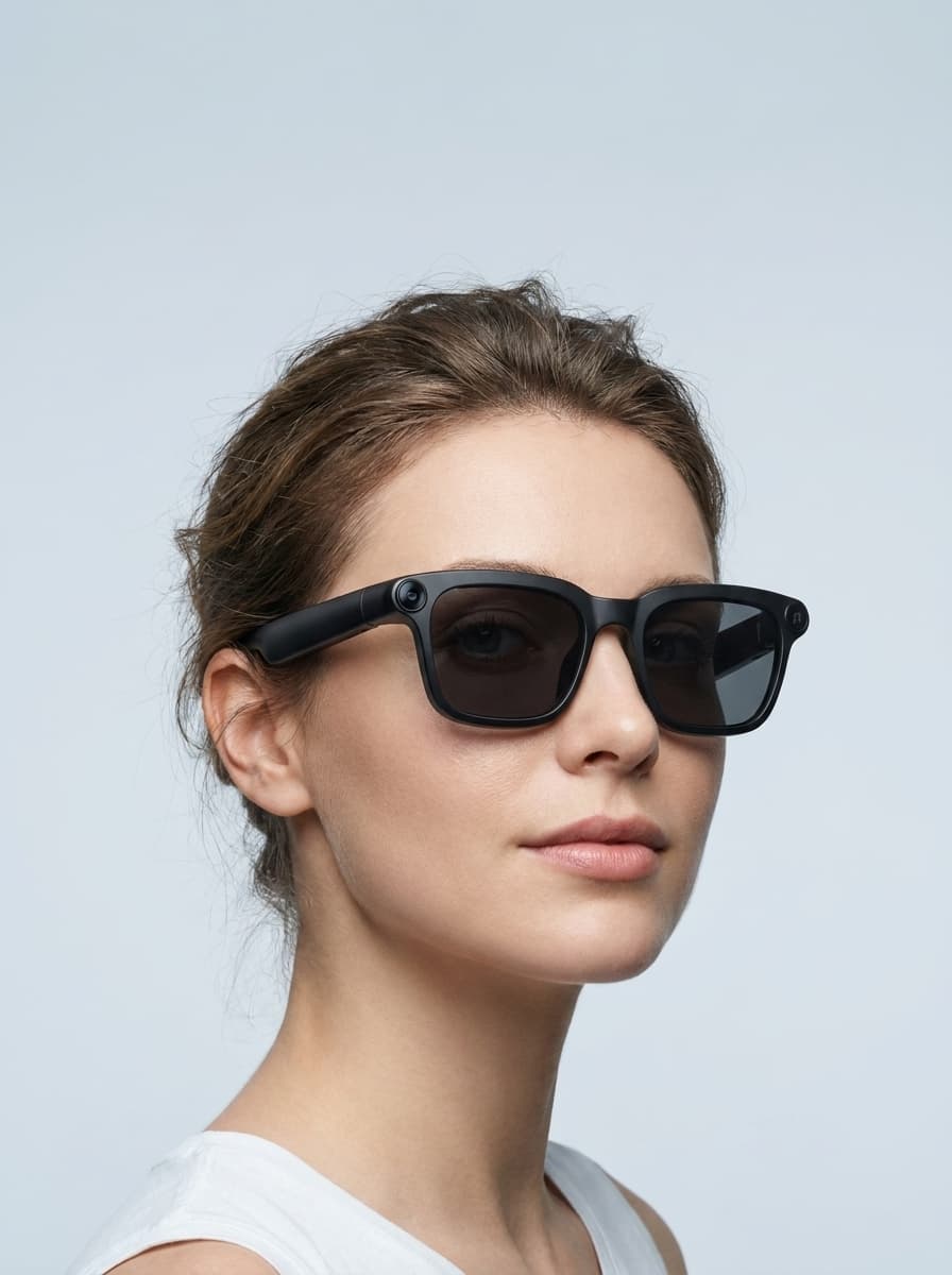 A woman wearing OXIVUE M08 AI eyewear in bright, cool studio light
