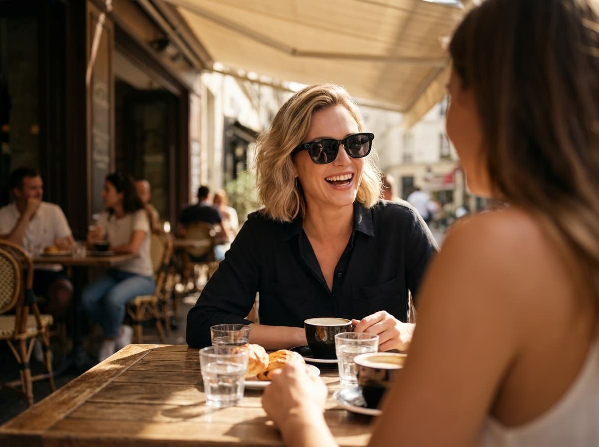 A person wearing OXIVUE M08 AI smart glasses during a relaxed café conversation