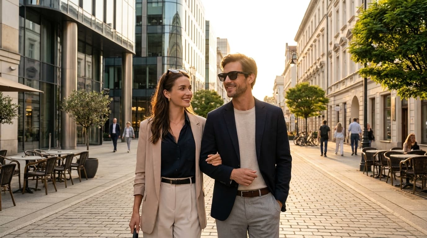 A person wearing OXIVUE M08 AI smart glasses walking through the city