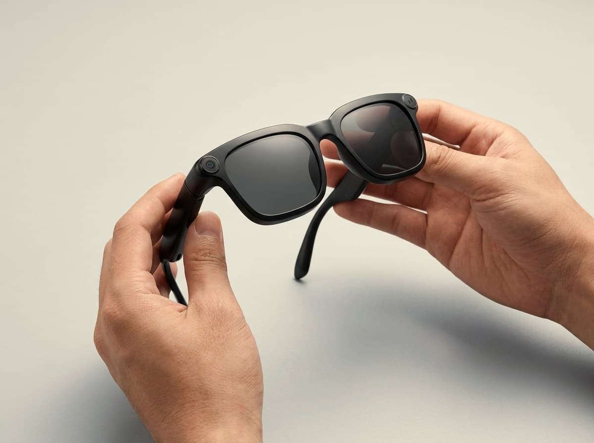 Hands holding OXIVUE M08 AI smart glasses — covered by a 2-year limited warranty