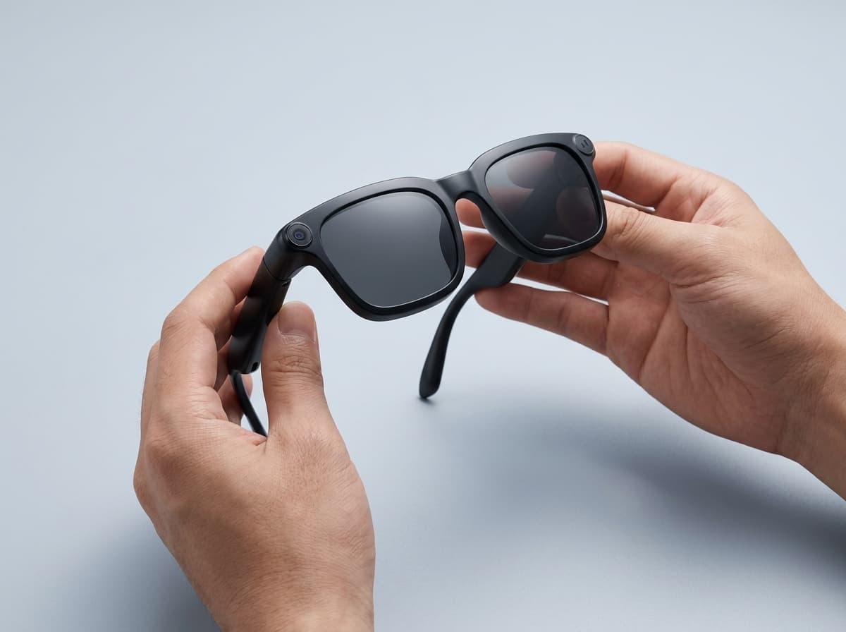 Hands holding OXIVUE M08 AI smart glasses — covered by a 2-year limited warranty