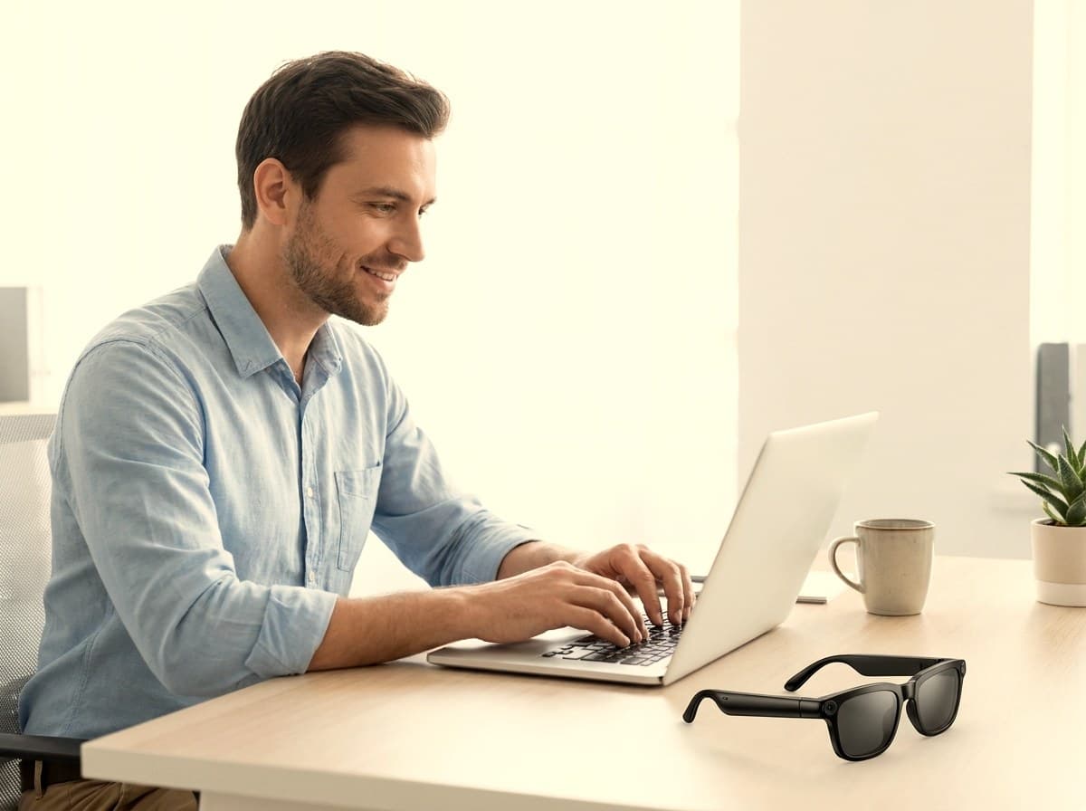A friendly OXIVUE team member replying to customer messages at a laptop