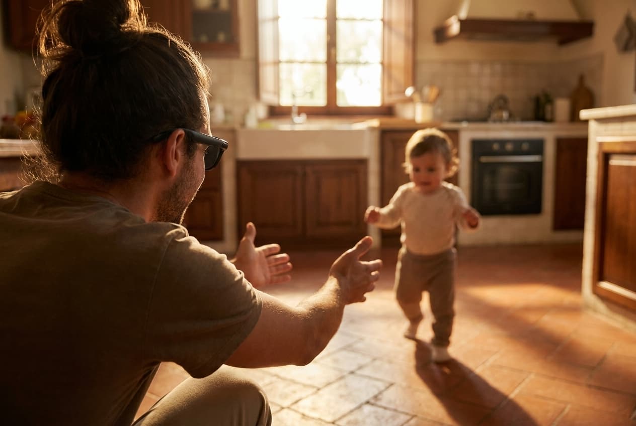 A parent watching their toddler's first wobbly steps, kept hands-free through OXIVUE