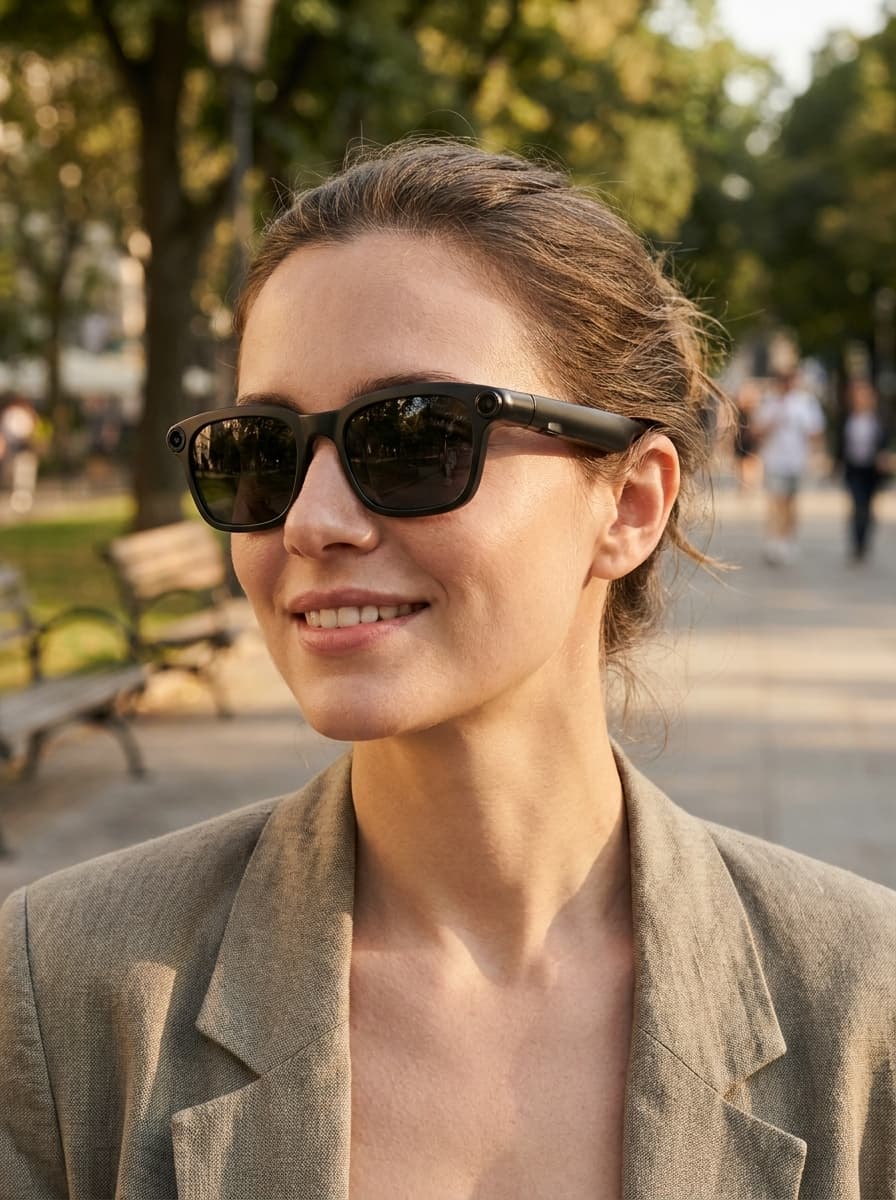 A woman wearing OXIVUE M08 AI smart glasses outdoors in warm daylight