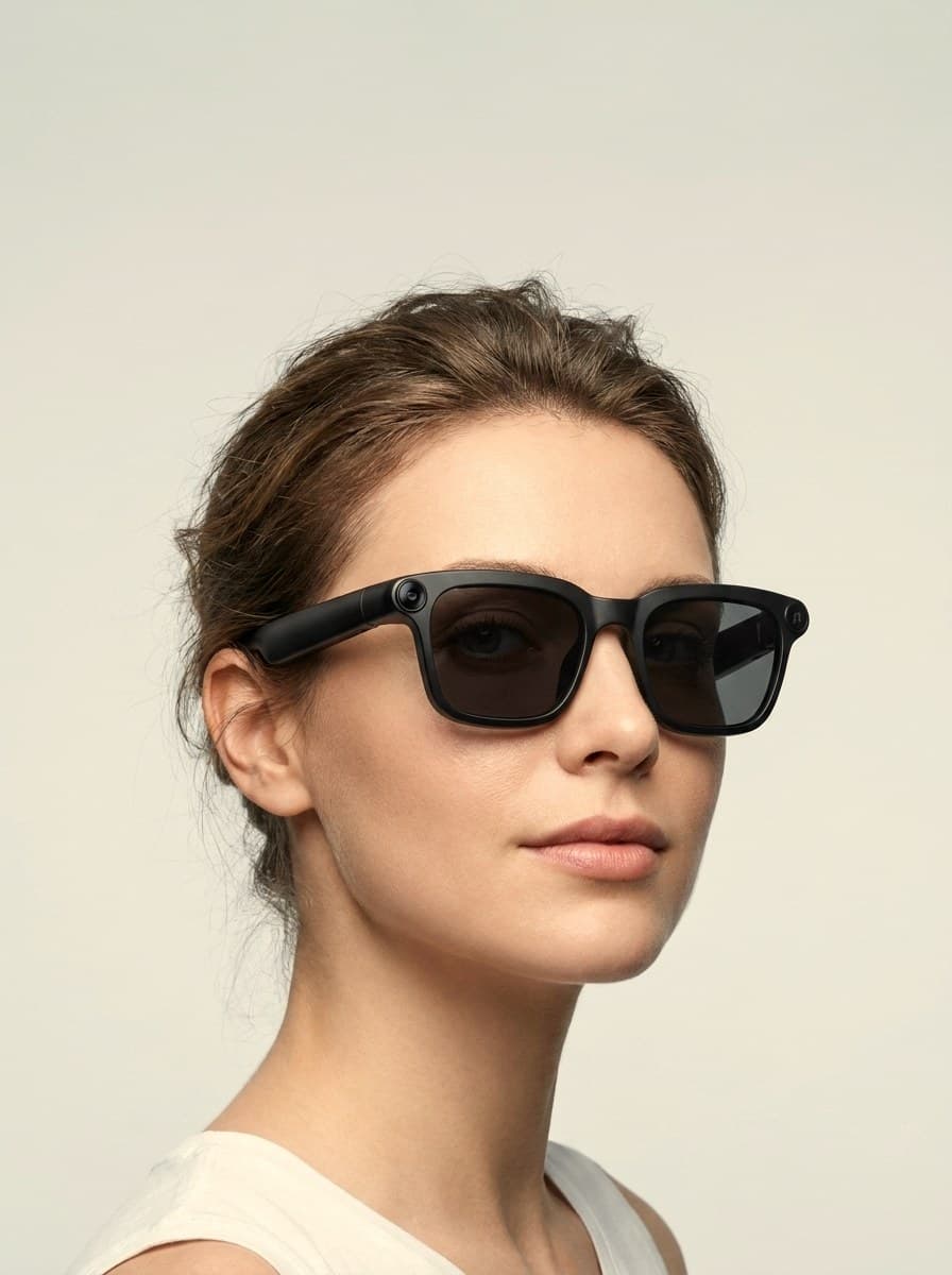 A woman wearing OXIVUE M08 AI eyewear in bright, cool studio light