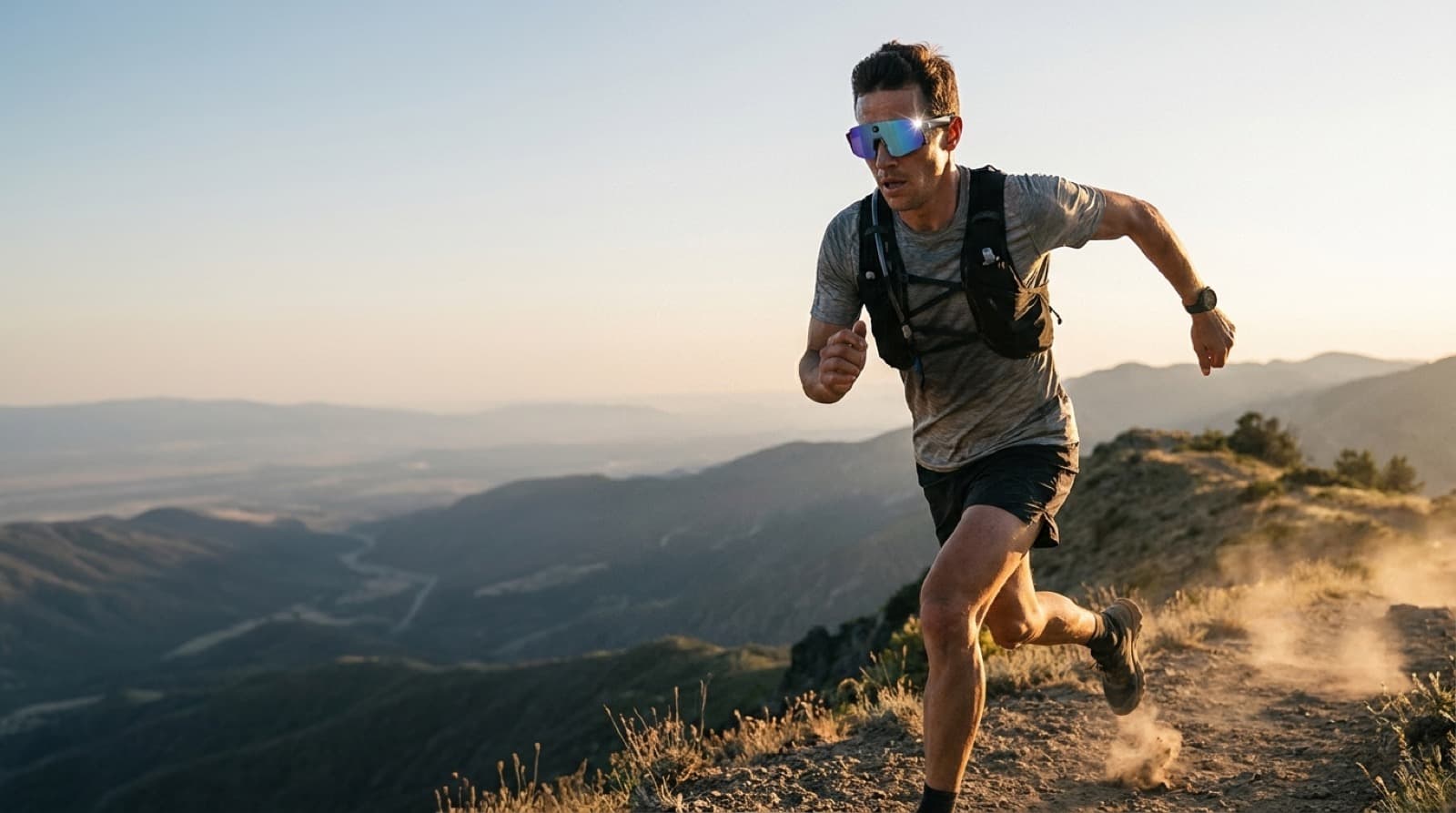 A trail runner wearing OXIVUE M14 sports AI glasses on a mountain ridge