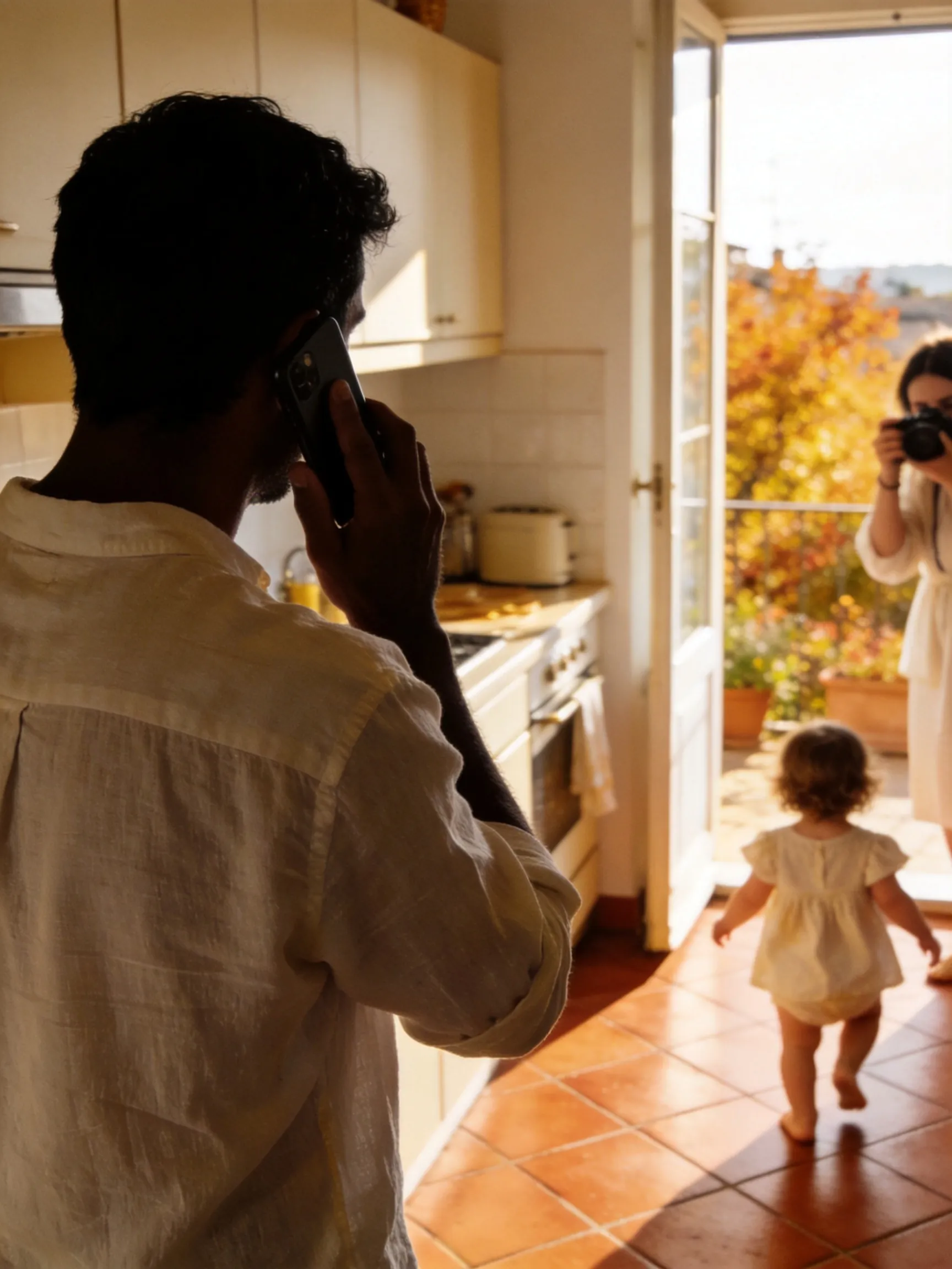 A golden-hour Italian kitchen — a father on the phone with his back turned